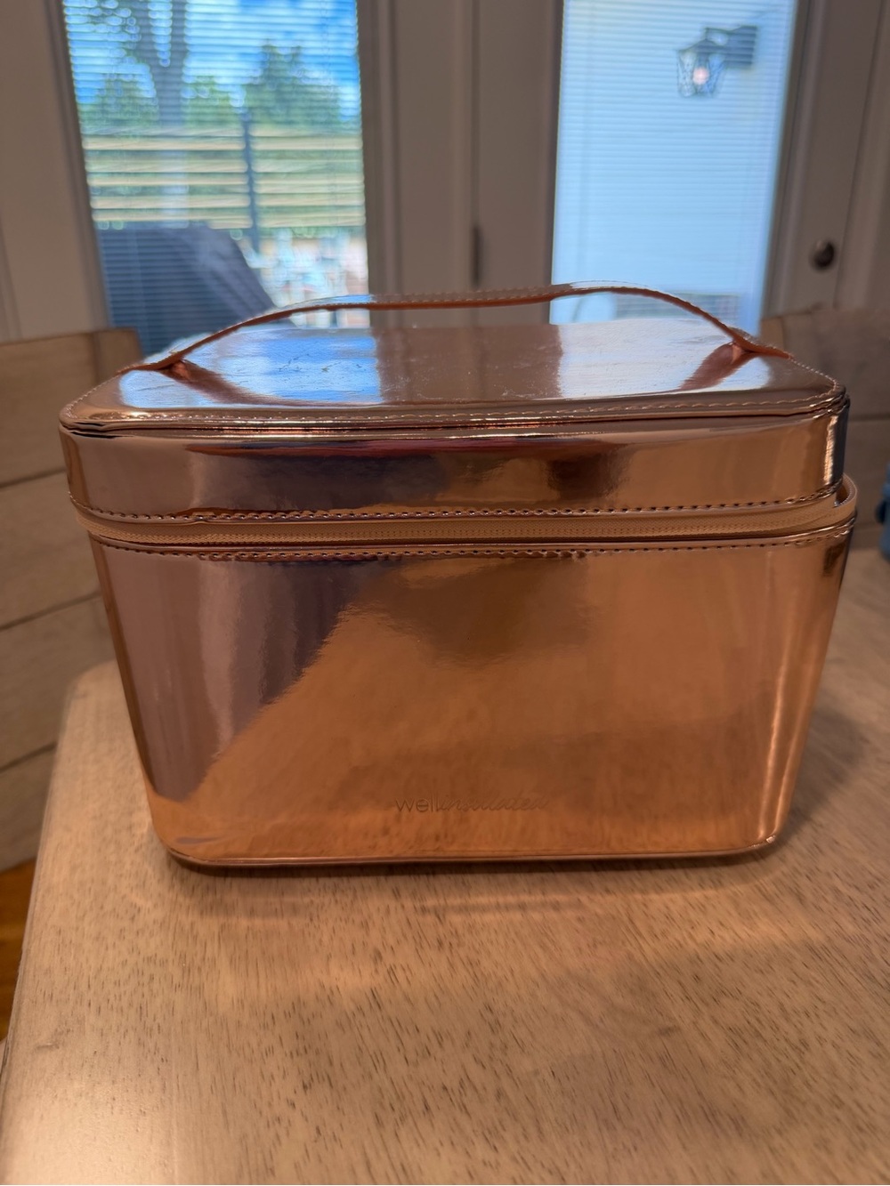 Metallic Rose Gold Cosmetic Train Case with Top Handle